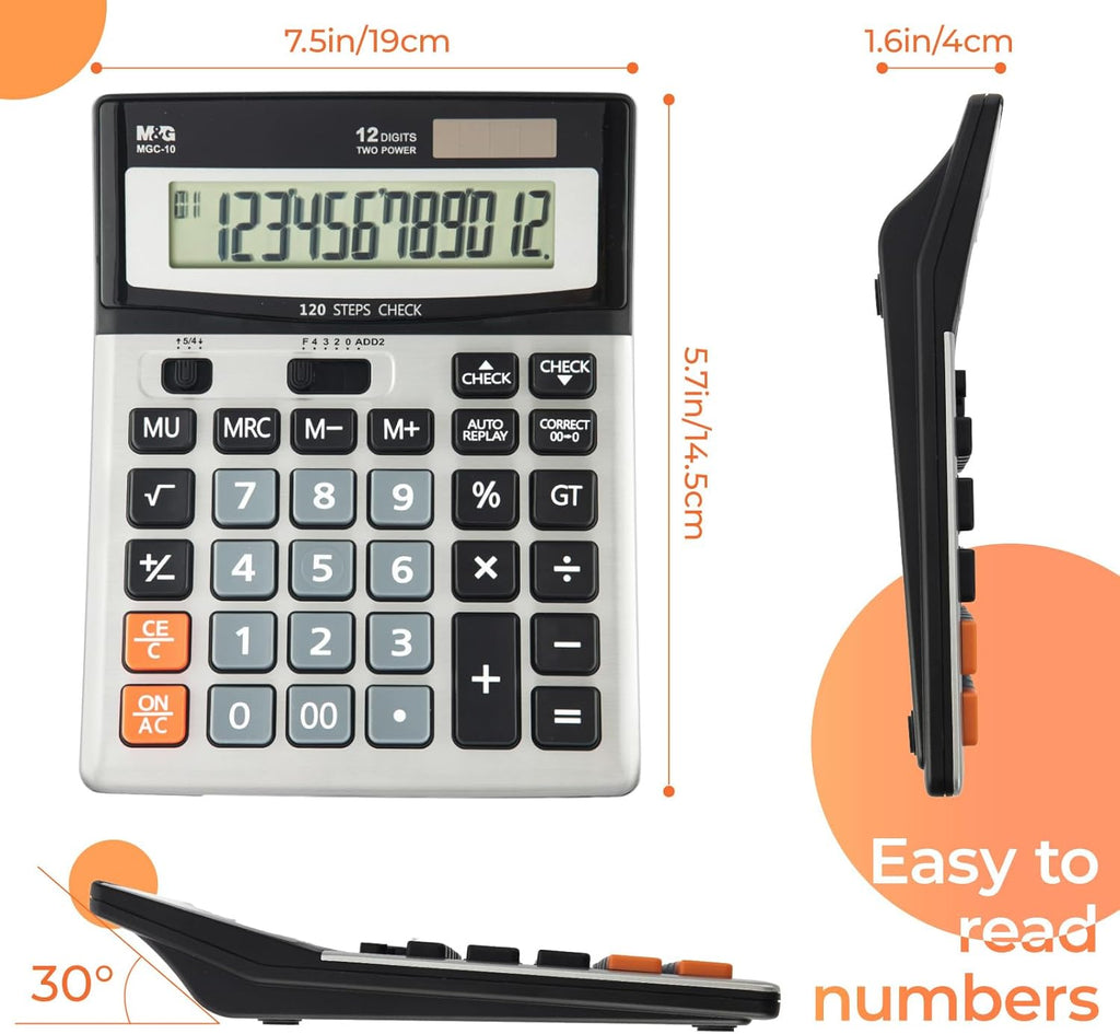 M&G Calculatrice de bureau 12 chiffres avec écran LCD extra-large, fonction de vérification et de correction, double alimentation solaire et batterie, touches larges