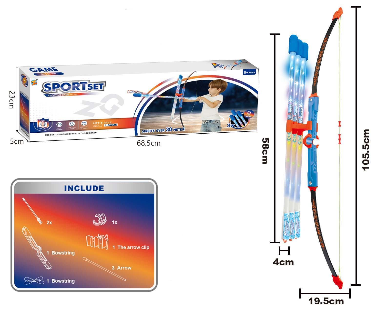 Grand ensemble arc et flèches lumineux à fibre optique, kit de tir à l’arc jouet pour enfants, matériau durable ABS+PP