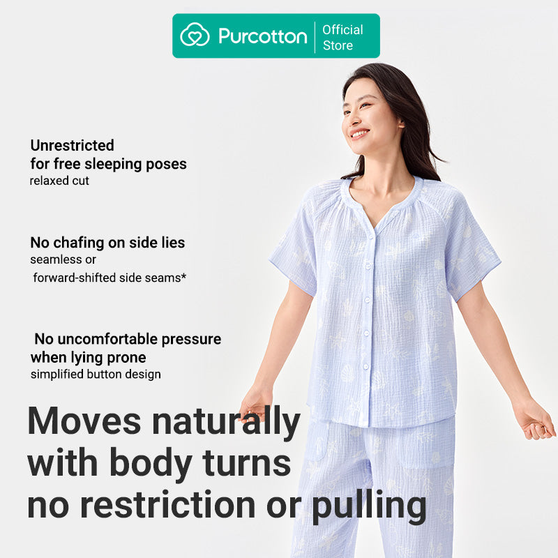 Purcotton Ensemble de loungewear en gaze AirySoft pour femme - Style pantalon long - Doux pour la peau, reposant et style décontracté - Monde océanique estival - Haut : 160/84A ; Bas : 160/68A