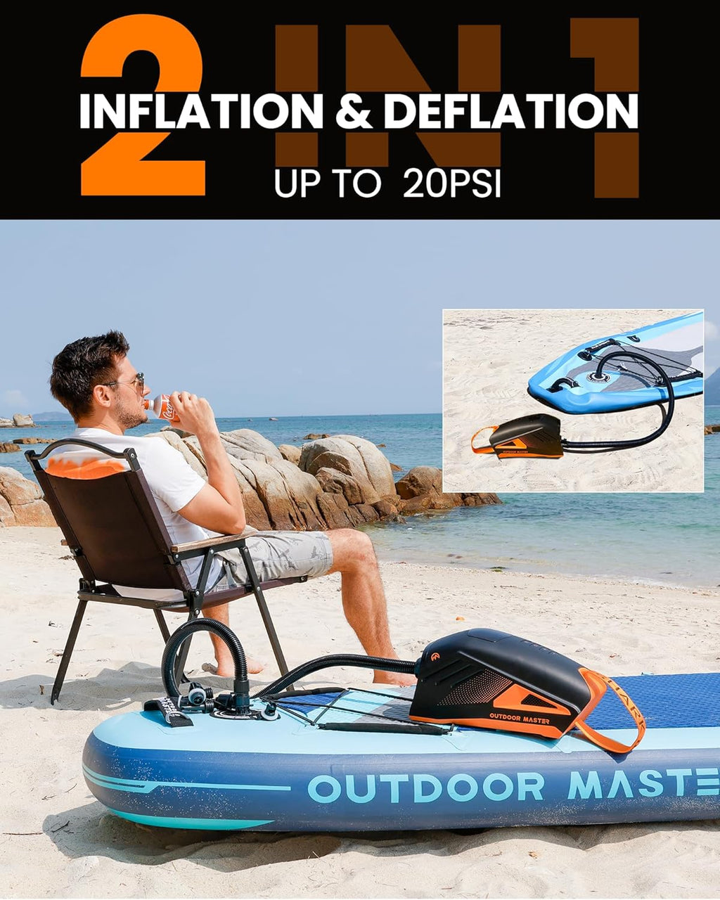 OutdoorMaster 20PSI Shark3 Pompe à air haute pression pour planches de paddle et bateaux gonflables