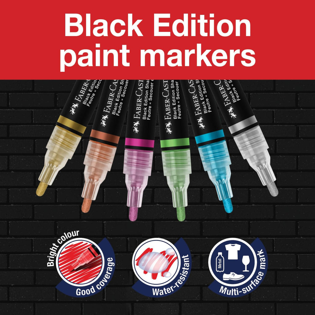 Faber-Castell Marqueurs acryliques Black Edition Shake & Paint, 6 pièces, couleurs métalliques