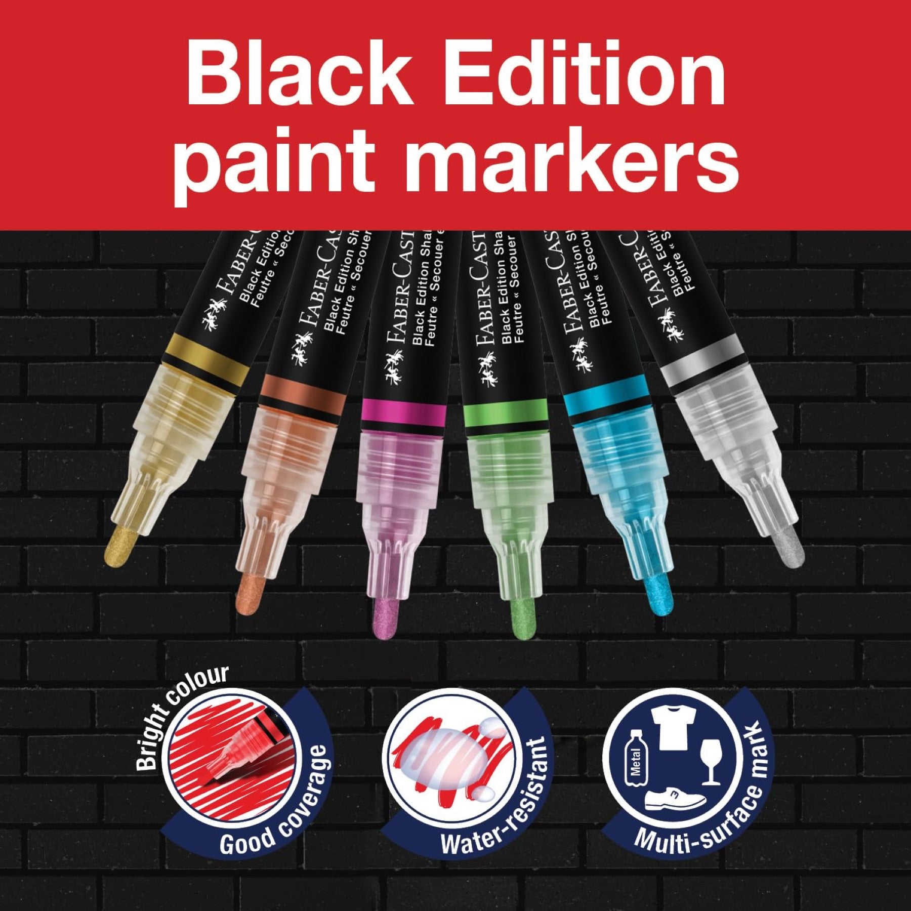 Faber-Castell Marqueurs acryliques Black Edition Shake & Paint, 6 pièces, couleurs métalliques