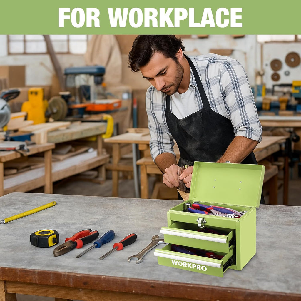 WORKPRO Boîte à outils mini portable en métal, 2 tiroirs, 10,8 x 5,9 x 8,2 pouces - Vert macaron