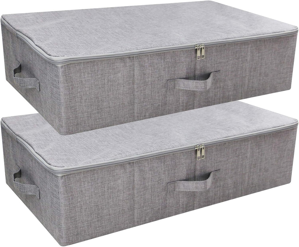 ANQI Lot de 2 boîtes de rangement pliables sous lit avec couvercle à fermeture éclair, Gris clair