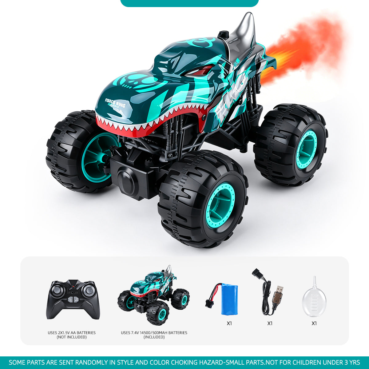 2.4GHz All-Terrain Shark Monster Truck Toy, Remote Control Truck with Music & 3 Lighting Modes, 360° Stunt Function, 2 Batteries Included Ready to Run, Toy Gift for Boys & Girls