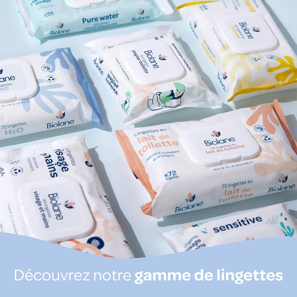 Biolane - Lot de 12 paquets - 768 lingettes (12x64) Lingettes pour le visage et les mains de bébé - Peaux sensibles - 97 % d'ingrédients d'origine naturelle