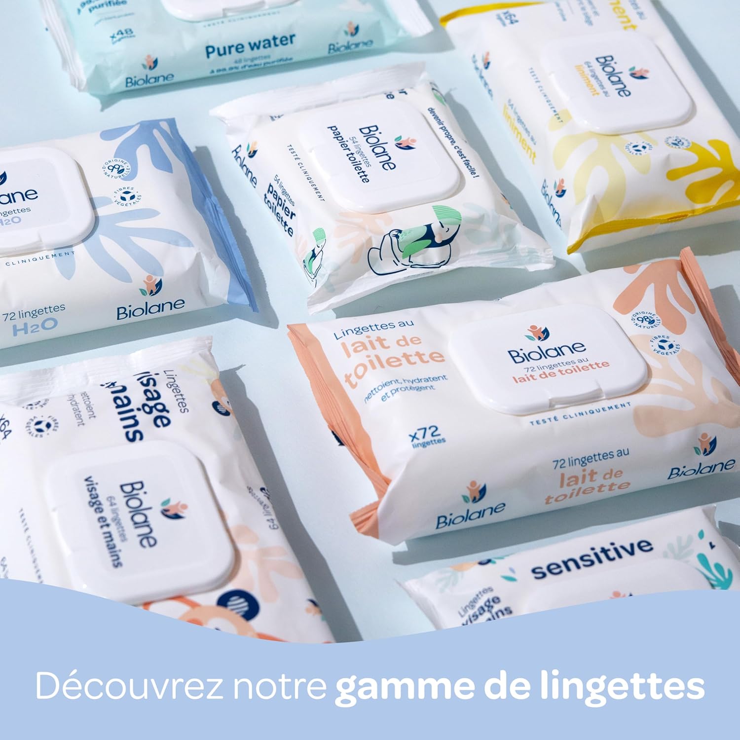 Biolane - Lot de 12 paquets - 768 lingettes (12x64) Lingettes pour le visage et les mains de bébé - Peaux sensibles - 97 % d'ingrédients d'origine naturelle