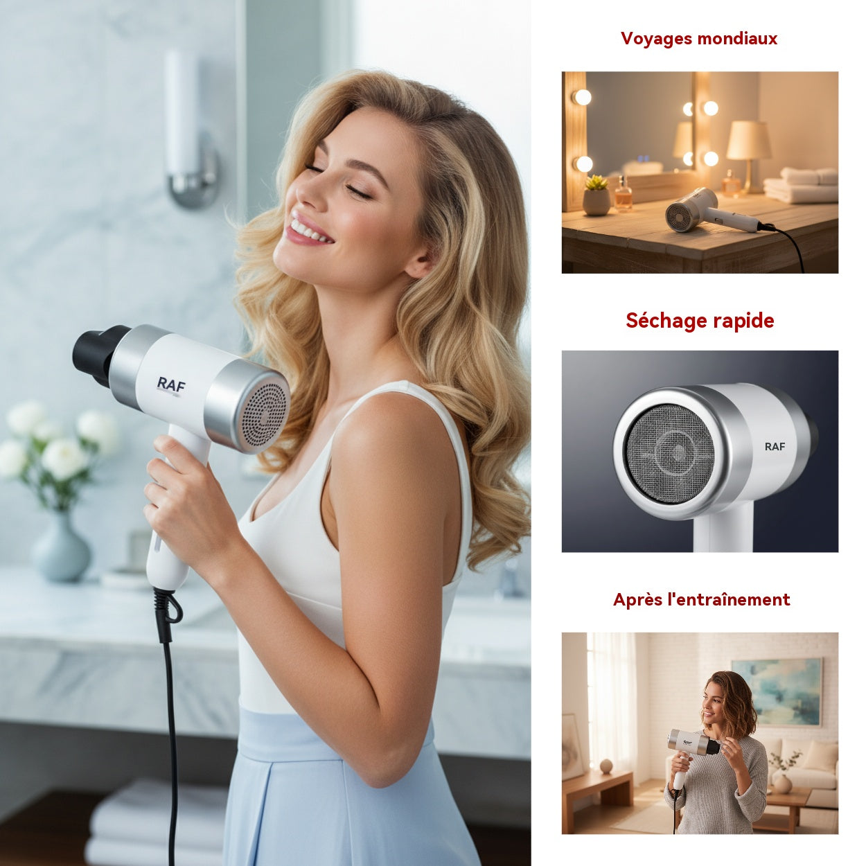 RAF Sèche-cheveux 800 W, séchage rapide 12 000 tr/min, protection contre la surchauffe, ABS, modes de température interchangeables, style salon professionnel pour la maison
