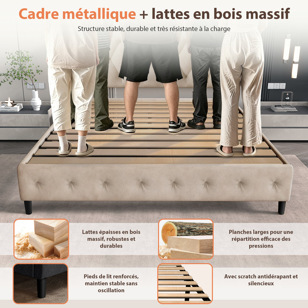 GTIMEX Lit capitonné 209x146x98 cm avec sommier à lattes, Capacité de charge statique : 390 kg, Lit double avec tête de lit capitonnée, Sommier à lattes en bois massif, Montage facile, Design moderne, Cadre robuste et tissu en velours de haute qualit