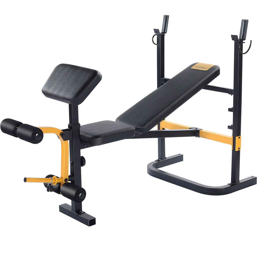 SPORTSOUL Banc d'haltérophilie réglable avec développateur de jambes et rangement pliable, convient aux barres de 6' et 7', équipement de gym pour la maison et le commercial