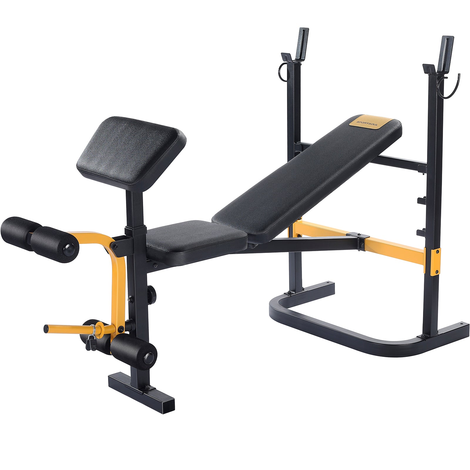 SPORTSOUL Banc d'haltérophilie réglable avec développateur de jambes et rangement pliable, convient aux barres de 6' et 7', équipement de gym pour la maison et le commercial