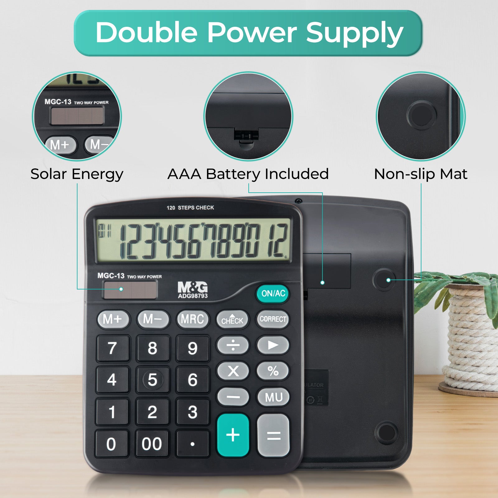 M&G Calculatrice de bureau 12 chiffres avec grand écran LCD, fonction de vérification et de correction, double alimentation solaire et batterie - Noir