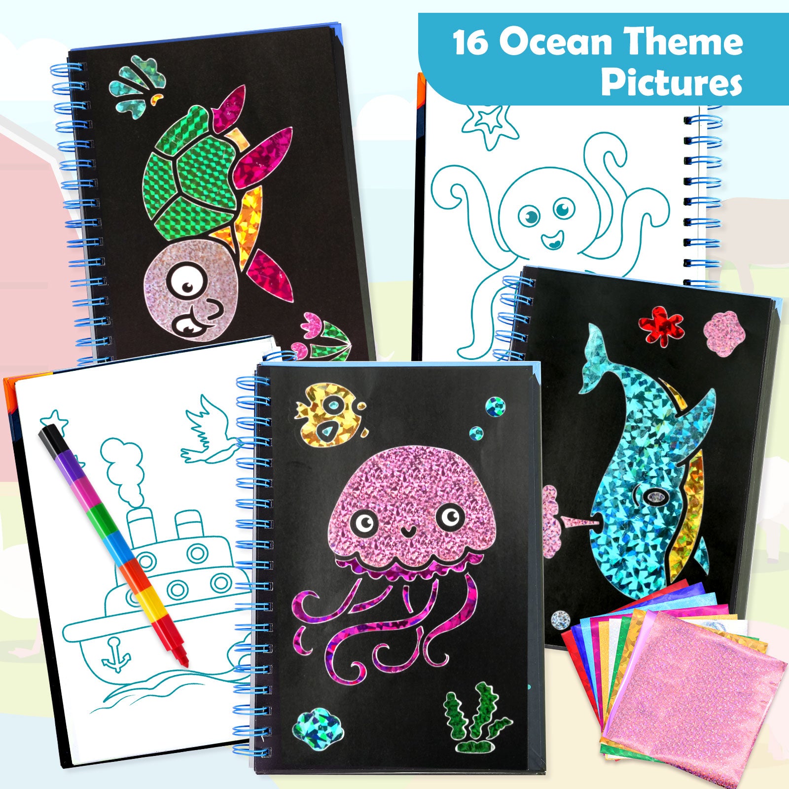 Kit de loisirs créatifs art de la feuille série Océan, 1 ensemble, activité DIY sans bavure, jouet de voyage, cadeau d'anniversaire pour enfants de 4 à 9 ans
