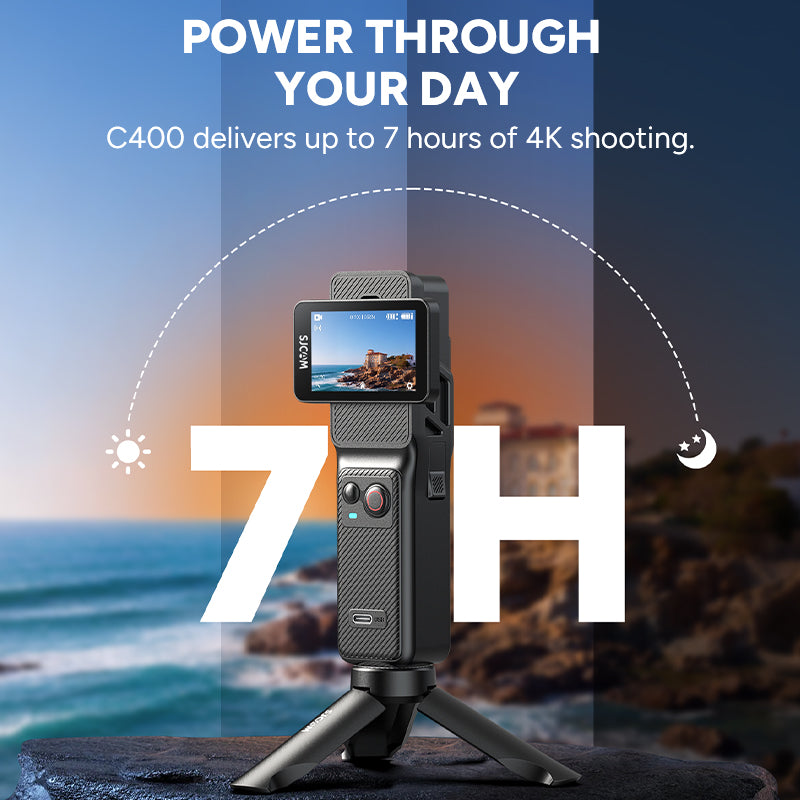 SJCAM C400 Caméra d’action 4K avec EIS 6 axes, double écran tactile, écran rabattable 2,29 pouces, batterie 437 min, boîtier compact 14,4 x 3,9 x 3,9 cm, étanche 30 m avec caisson, photos 16 Mpx, grand angle 154°, ralenti 2K, Wi-Fi rapide 5 GHz vers