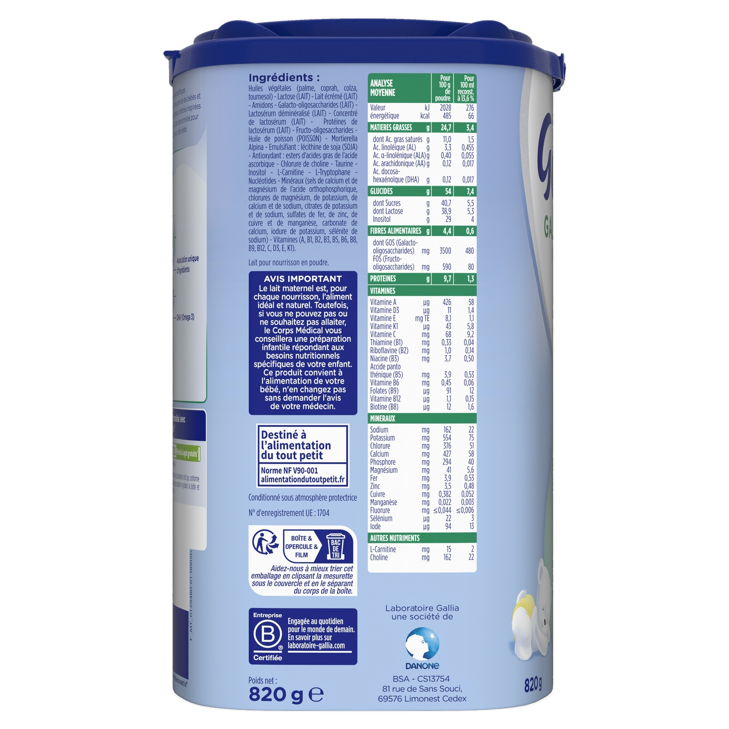 Laboratoire Gallia Galliagest Premium 1er Âge Lait Infantile 820 g