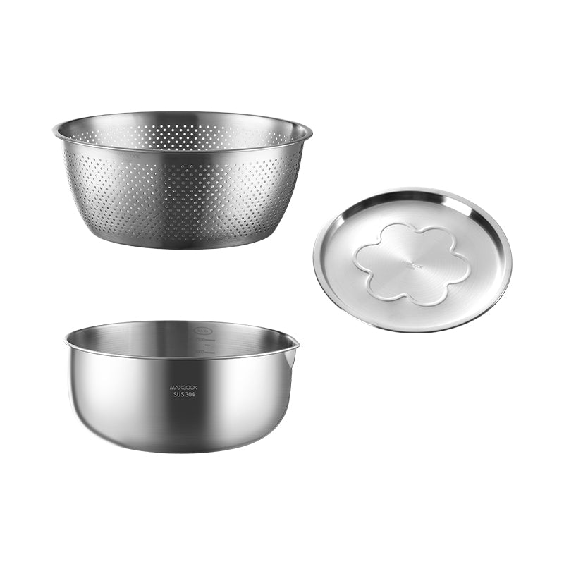 Maxcook Lot de 3 bols de mélange en acier inoxydable 304, 22 cm, avec bouchon d’évacuation et couvercle, robustes, bords plus profonds, finition miroir, compatibles lave-vaisselle, MCWA9907