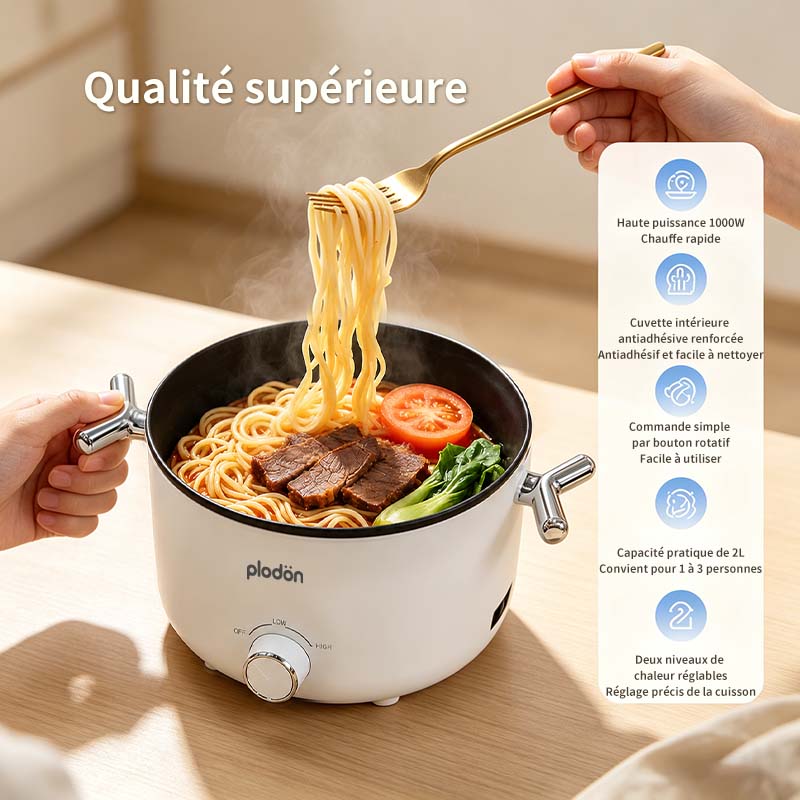 plodon Marmite électrique 2,0 L, portable, multifonction et antiadhésive, 1000 W, cuiseur de nouilles rapide, wok, mijoteuse, pour steak, œuf, nouilles ramen, soupe d’avoine