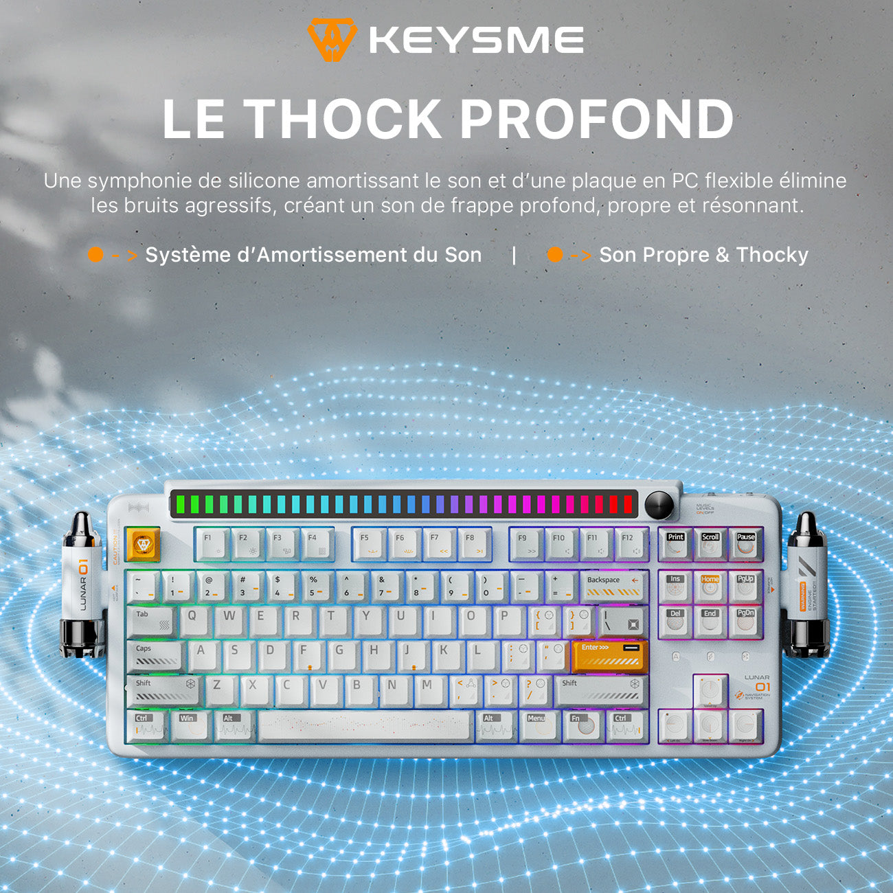 KEYSME Lunar 01 clavier mécanique 80 % triple mode, disposition QWERTY US, montage sur joints avec éclairage rythmique, interrupteurs remplaçables à chaud