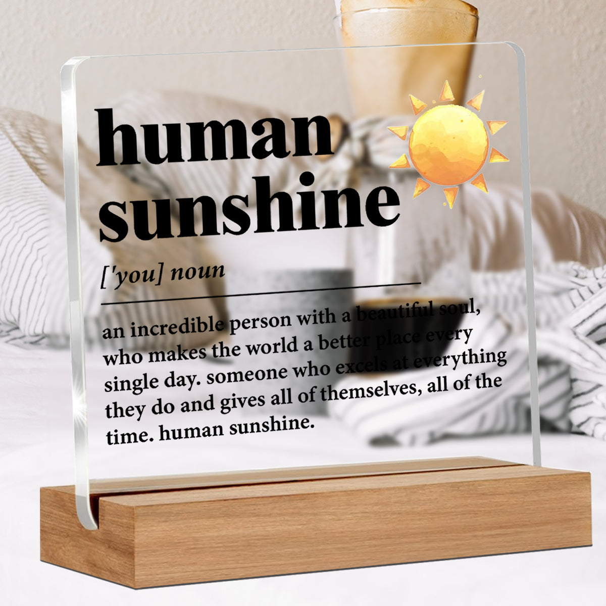 Alphynix 1 pc "Human Sunshine" plaque en acrylique, support sur socle en bois avec motif de soleil jaune et définition inspirante "Une personne incroyable avec une belle âme"