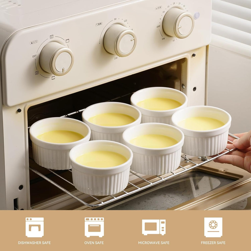 Dafuceramic Lot de 6 ramequins en porcelaine blanche 8 oz avec couvercles en plastique à cadran de date, Compatibles four, micro-ondes, lave-vaisselle et congélateur