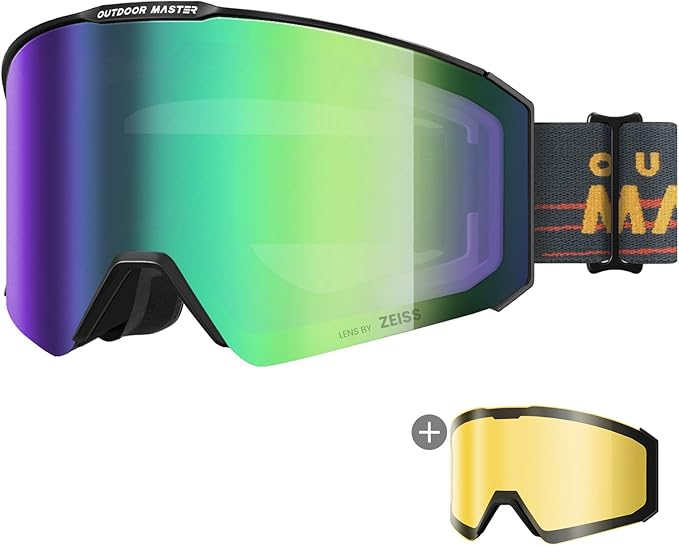 OutdoorMaster Kit masque de ski Falcon Zeiss, monture noire, verre vert uniforme ML 18 %, adultes