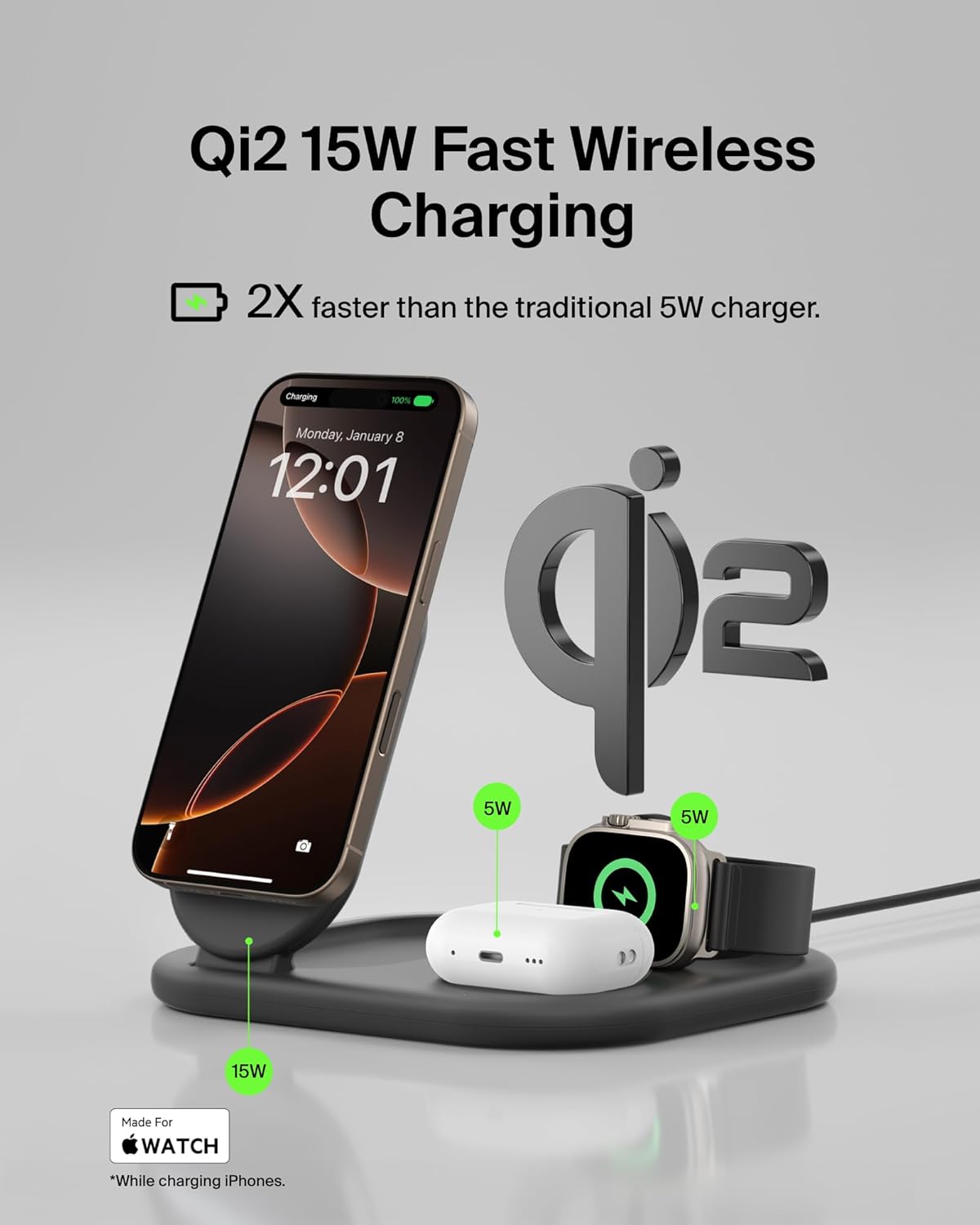 Belkin BOOST CHARGE station de charge sans fil Qi2 3-en-1, 15 W, noir