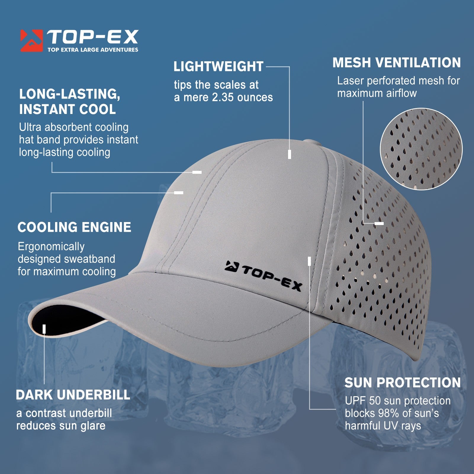TOP-EX Casquette de baseball non structurée pour la course, en maille respirante, à séchage rapide, avec bandeau anti-transpiration rafraîchissant, taille M/L - Gris