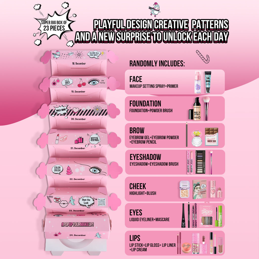 Misslyn Coffret cadeau compte à rebours surprise pétillante, coffret cadeau beauté brillant à déballer, 23 articles comprenant rouges à lèvres, gloss à lèvres, palettes de fards à paupières, maquillage et outils de maquillage
