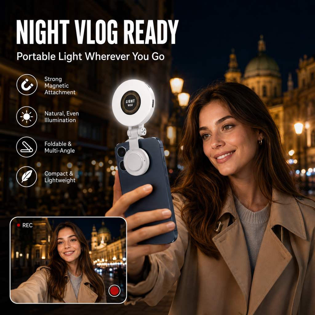 VoxorAI M28 Lampe d’appoint blanche – Solution d’éclairage pour selfie avec miroir et fixation magnétique. Qualité CRI95+, éclairage LED à 360°