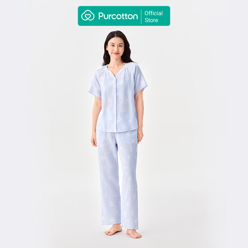 Purcotton Ensemble de loungewear en gaze AirySoft pour femme - Style pantalon long - Doux pour la peau, reposant et style décontracté - Monde océanique estival - Haut : 160/84A ; Bas : 160/68A