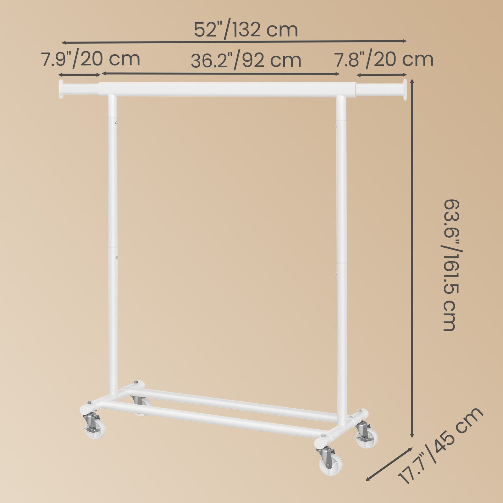 JOYFURNOS Portant à Vêtements sur Roulettes, Tringle à Vêtements Robuste, 45 x (92-132) x 161,5 cm, avec Tringle Extensible, Capacité de Charge 100 kg, Portable, Blanc