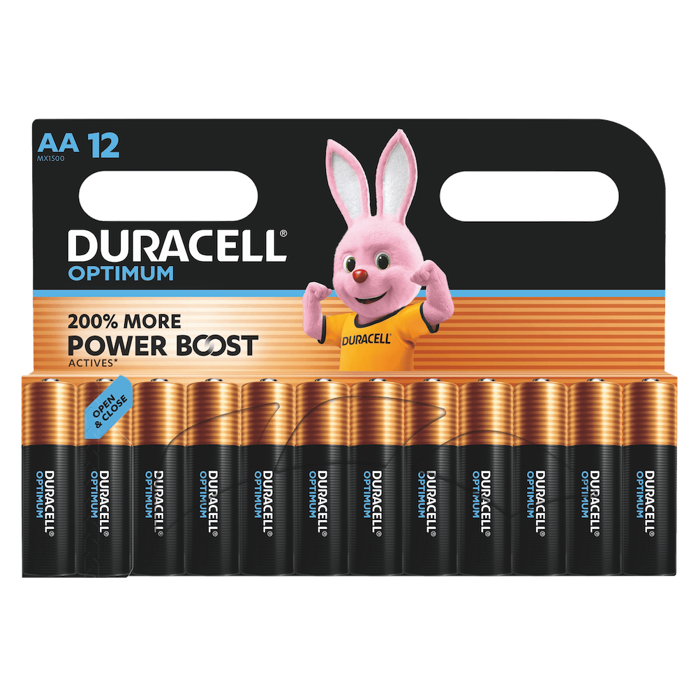 DURACELL Optimum Lot de 12 piles AA alcalines 1,5 V, +200 % d’actifs Power Boost, répondent aux exigences des appareils modernes, 100 % recyclables, emballage 0 % de plastique – LR6 MX1500