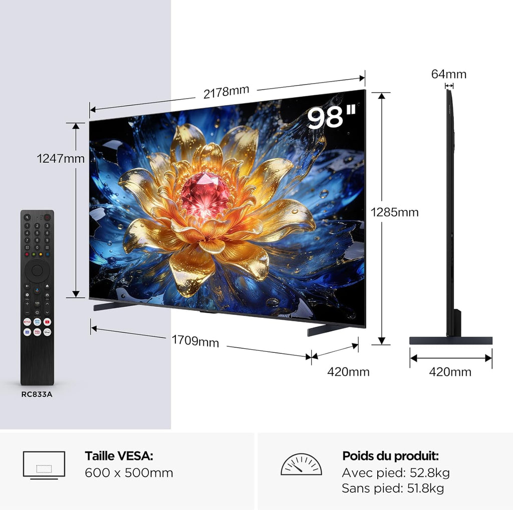 TCL 98T8D 98 pouces 4K HDR Ultra HD QD-Mini LED TV Smart Google TV