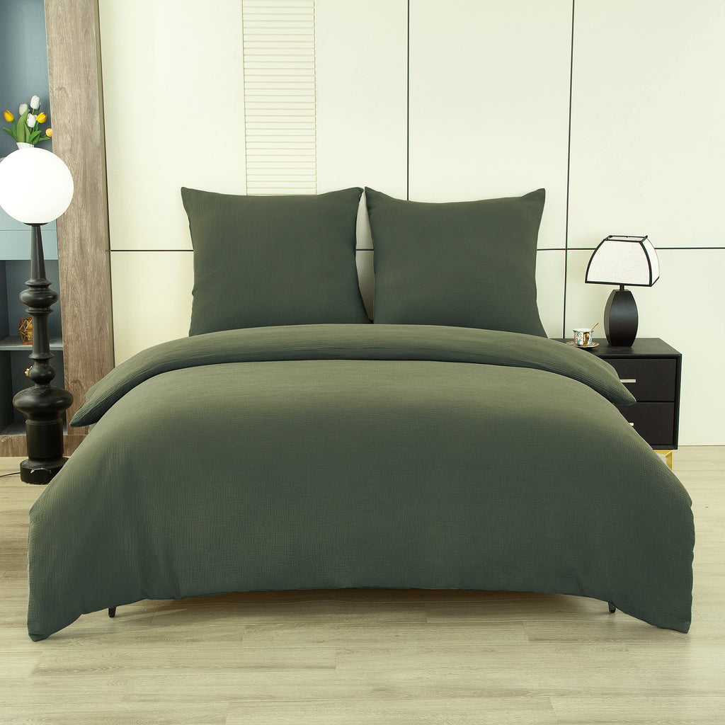 Ensemble housse de couette et taies d'oreiller en double gaze de coton, vert foncé, 135 x 200 cm + 80 x 80 cm x 1