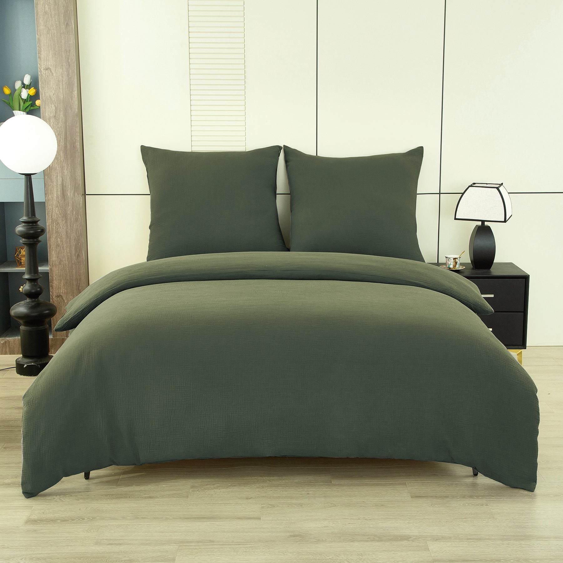 Ensemble housse de couette et taies d'oreiller en double gaze de coton, vert foncé, 135 x 200 cm + 80 x 80 cm x 1