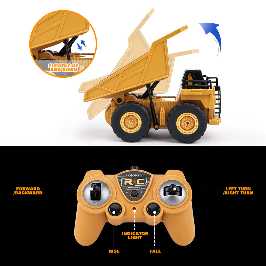 Jouet camion benne RC, Camion de mine télécommandé en plastique rechargeable avec phare LED, Plateau de chargement relevable, Jouet de véhicule d'ingénierie tout-terrain pour garçons cadeau pour enfants