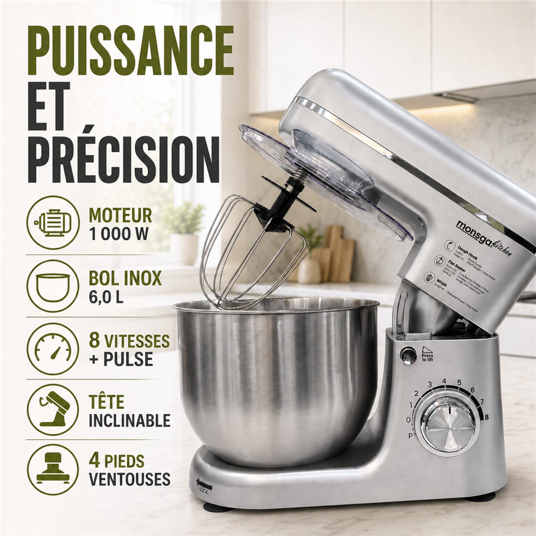 monsga SM100 Robot pâtissier, 1000 W, Noir/Argent, Bol mélangeur en acier inoxydable 6,0 L, Silencieux, Fouet, Crochet pétrisseur, Batteur et Couvercle anti-éclaboussures, 8 vitesses