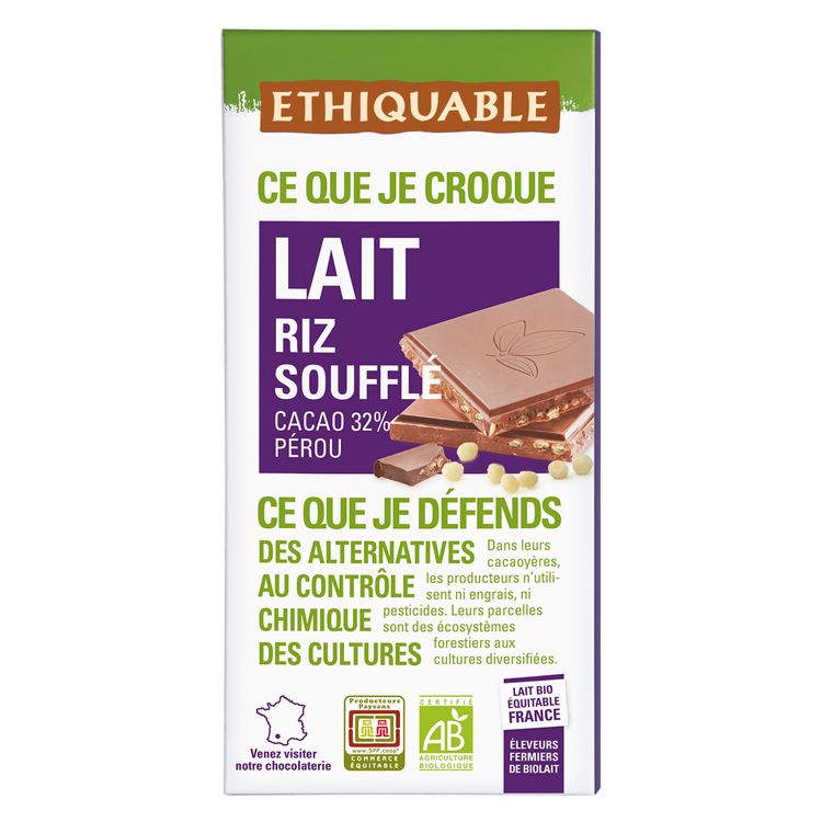 Ethiquable Chocolat Lait Riz Soufflé Bio Tablette - 100 g