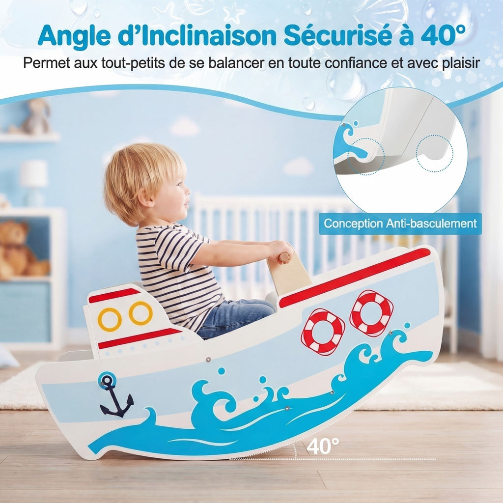 Chaise à bascule en bois, amplitude de bascule de 40°, design de style marin, avec dossier, style rocking horse