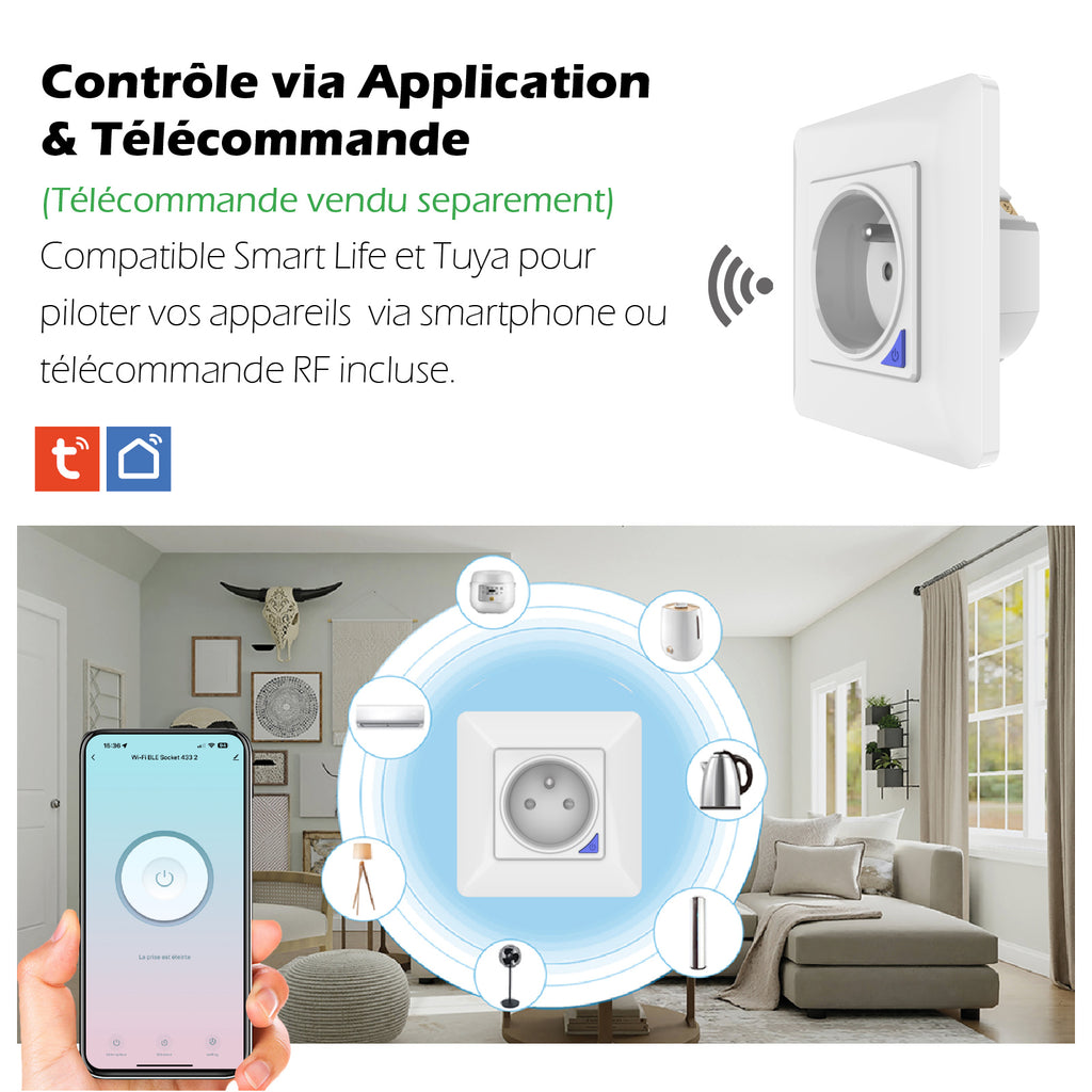 KYF Prise Wi-Fi encastrée intelligente d’intérieur avec compteur d’énergie
