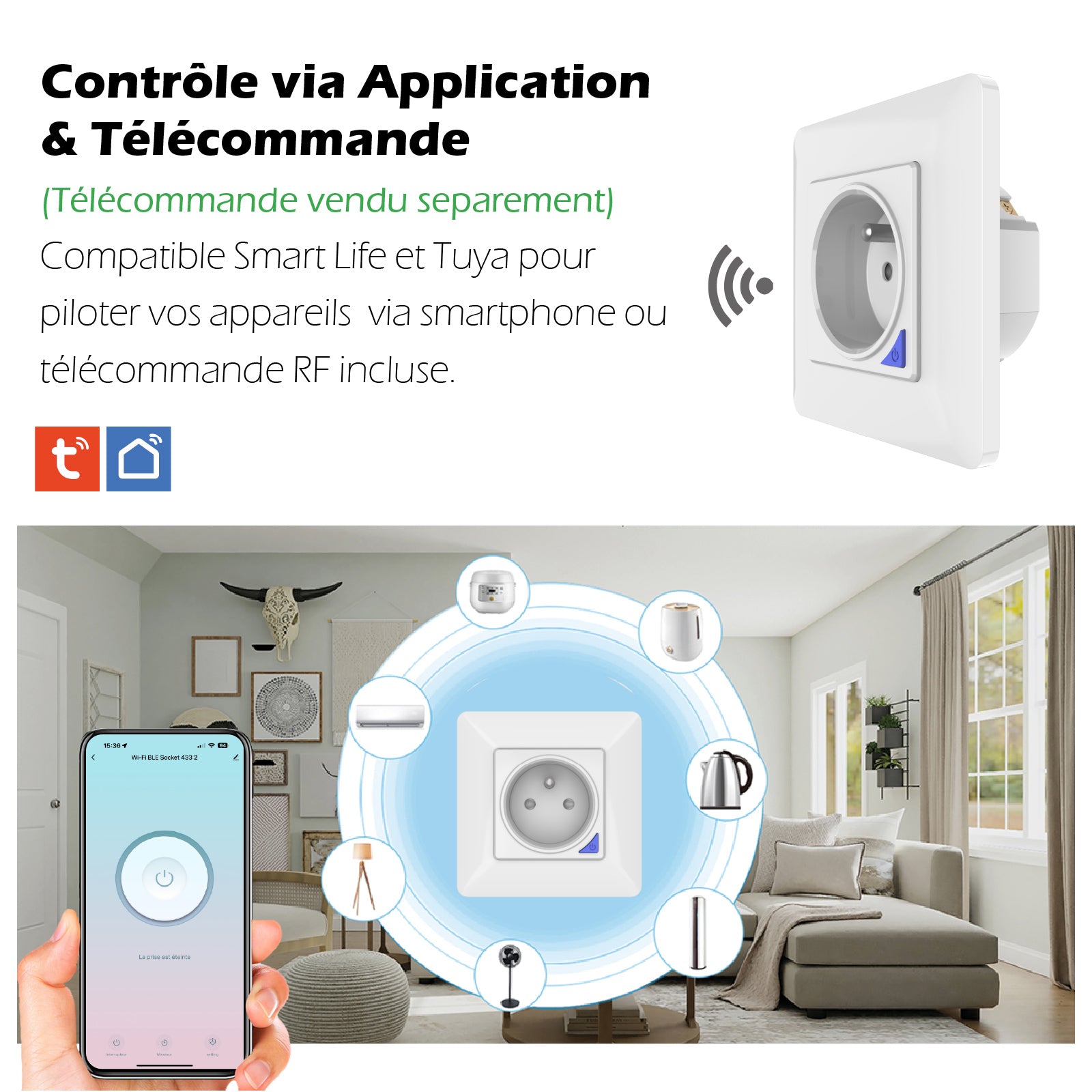 KYF Prise Wi-Fi encastrée intelligente d’intérieur avec compteur d’énergie
