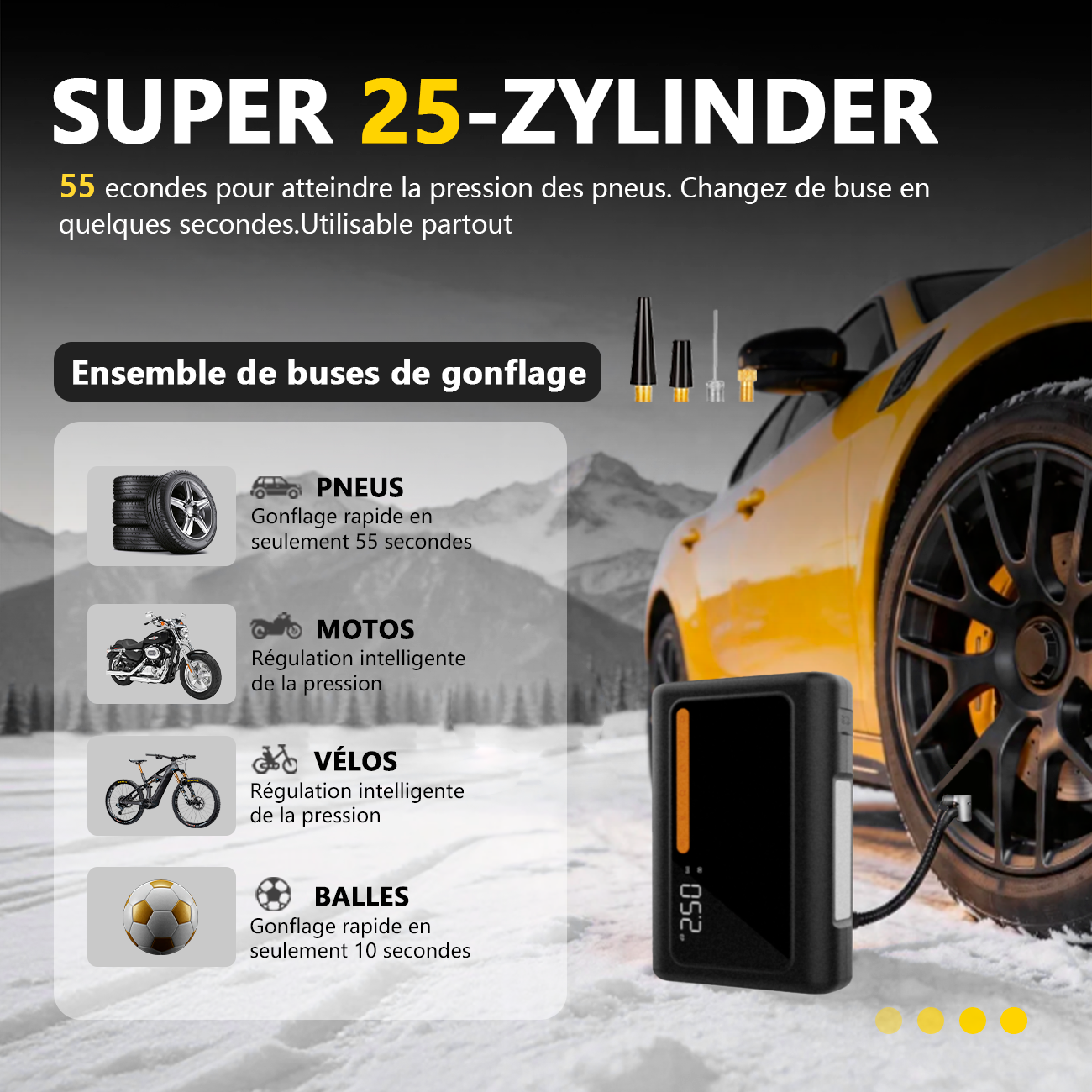 Démarreur de voiture GOKKCL GK01 à ions sodium, grande capacité 17 500 mAh, pack de démarrage d'urgence 4 en 1 avec pompe à air haute pression 25 cylindres (150 PSI)