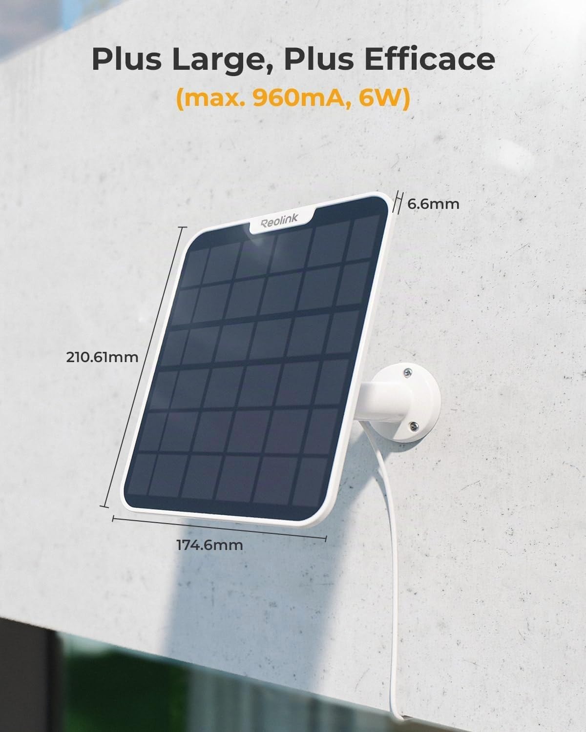 Reolink Panneau Solaire 2 6 W pour Caméra de Sécurité Extérieure Sans Fil, USB Type-C, Support Réglable à 360°, Câble de 4 m, Étanche, Blanc