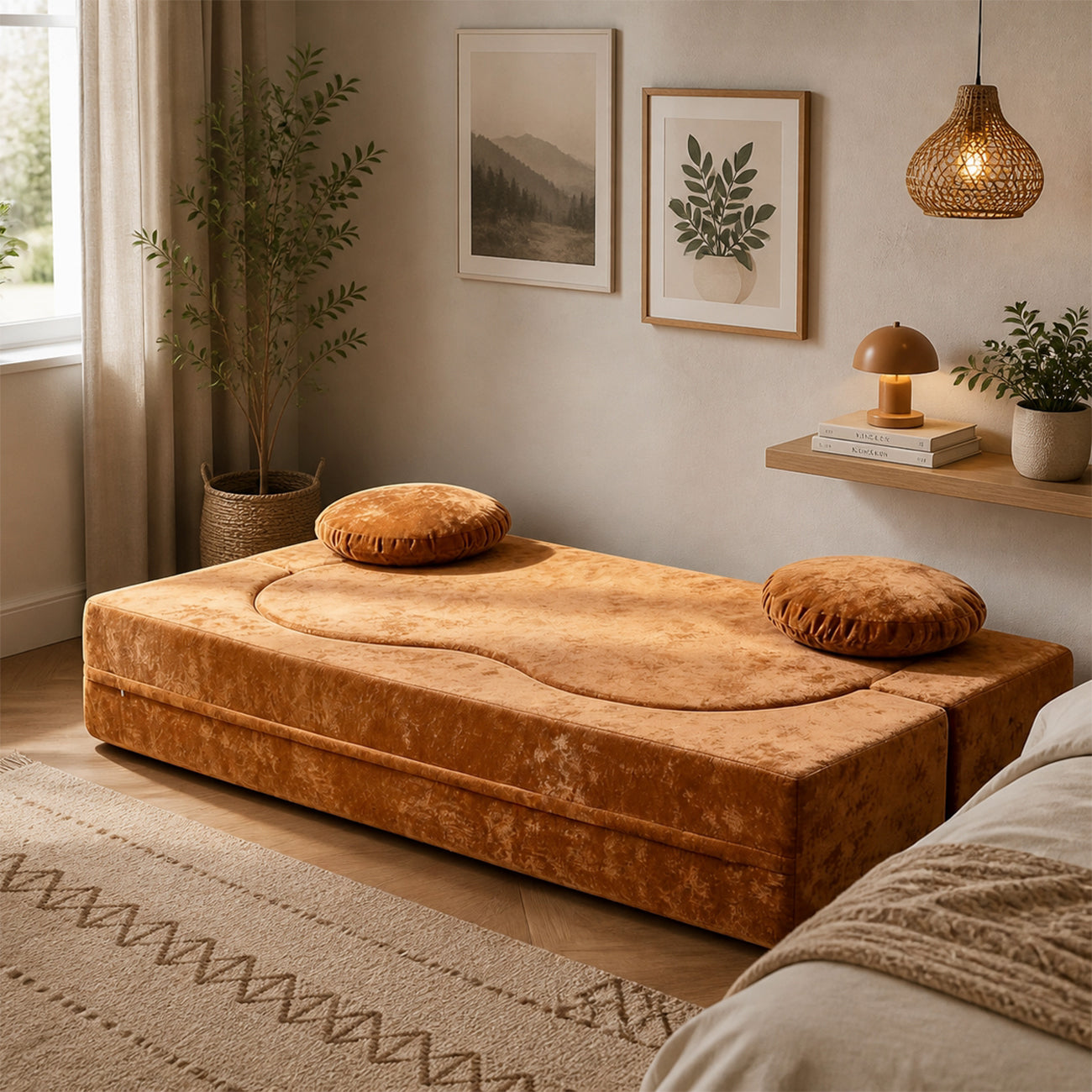 Canapé-lit 2 places avec accoudoirs larges, 2 coussins et mousse haute densité, pour salon, orange