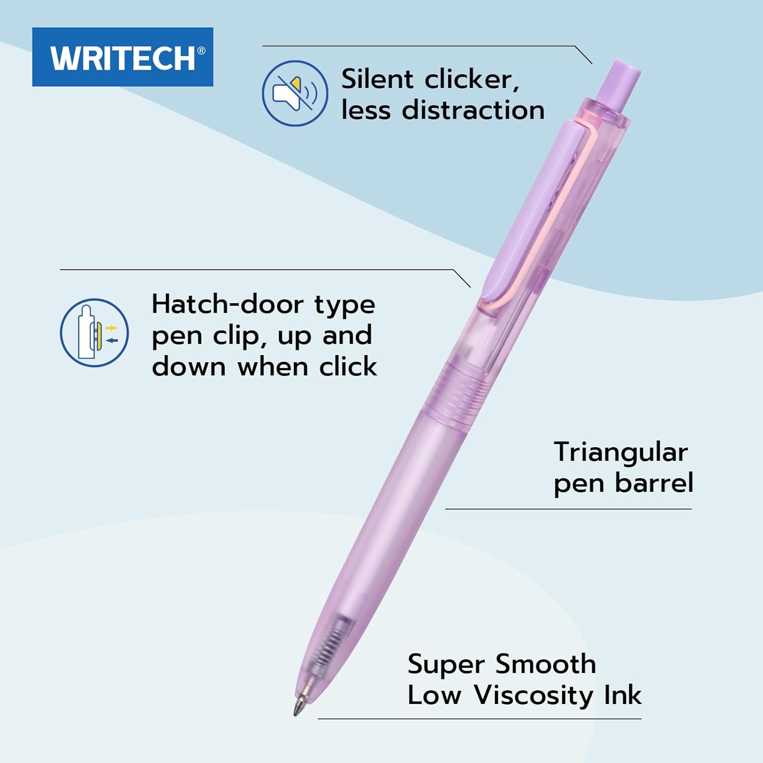 WRITECH Lot de 8 stylos à bille Space Up couleur pastel rétractables encre noire pointe fine 0,7 mm écriture ultra fluide encre à faible viscosité clic silencieux