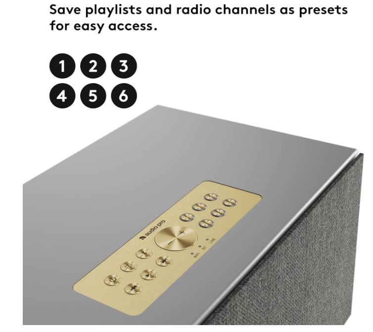 Audio Pro C10 MkII Gris Enceinte multiroom compacte sans fil Wi‑Fi AirPlay2 - Bluetooth, Google Cast et système multiroom Audio Pro, 6 Préréglages, Panneau frontal en tissu amovible