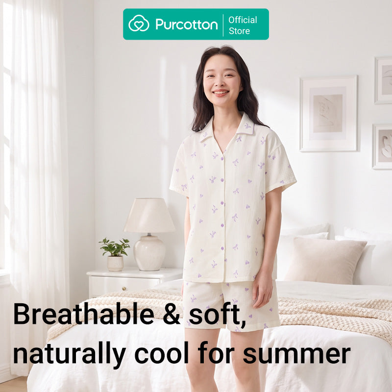 Purcotton Ensemble de loungewear en gaze double couche pour femme - Base blanc cassé avec imprimé nœud violet - Style confortable, agréable pour la peau, reposant et décontracté