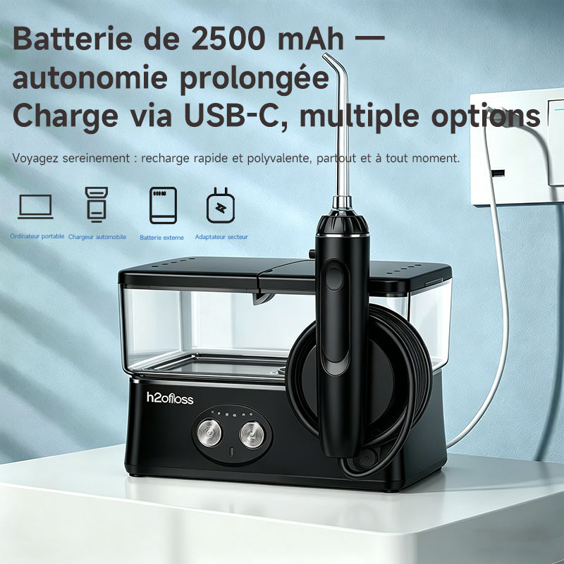 h2ofloss Hydropulseur dentaire portable, 6 modes, 5 canules, batterie 2500 mAh, réservoir d'eau 570 ml, étanche IPX7 - Noir