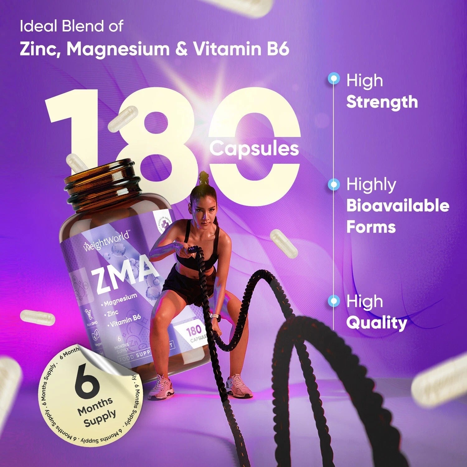 WeightWorld ZMA – Zinc, Magnésium & Vitamine B6 – 180 Capsules