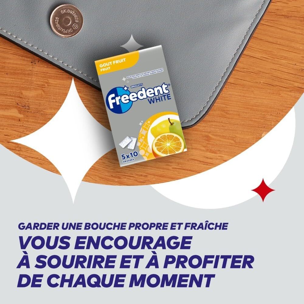 FREEDENT Chewing Gum Whitening, Fruits, 5 paquets de 10, sans sucre, 70 g